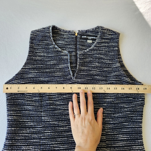Tweed Fall Sheath Dress Navy Blue White Stripes Sleeveless Fringe Paris Size 10 - Picture 16 of 17